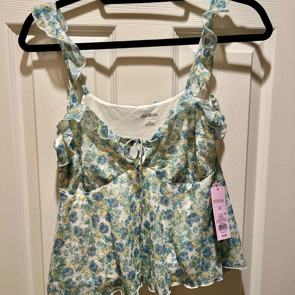 wild fable Blue and Yellow Floral Ruffle Tie-Front Tank